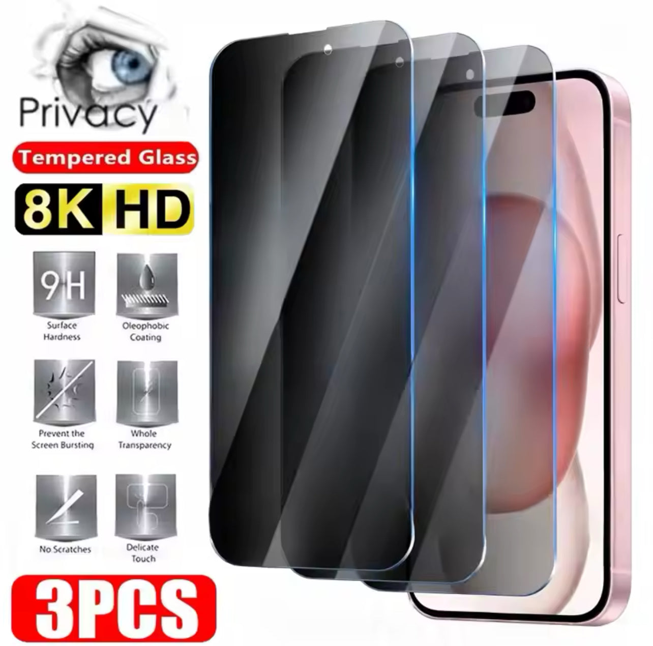 PJun Branded Full Coverage 9H ShatterProof Privacy Glass Screen Protector 3pcs- for Apple iPhone 16 Series